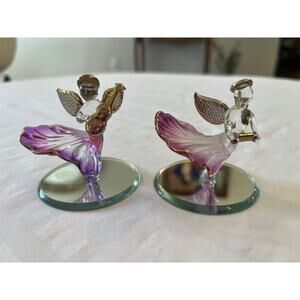 Crystallite Purple Spun Glass Musical Angel Set 22kt Gold Trim Mirror Base Vtg